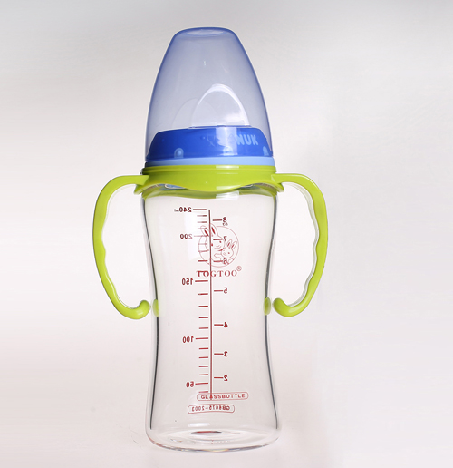 淘氣兔寬口徑帶手柄玻璃奶瓶240ml