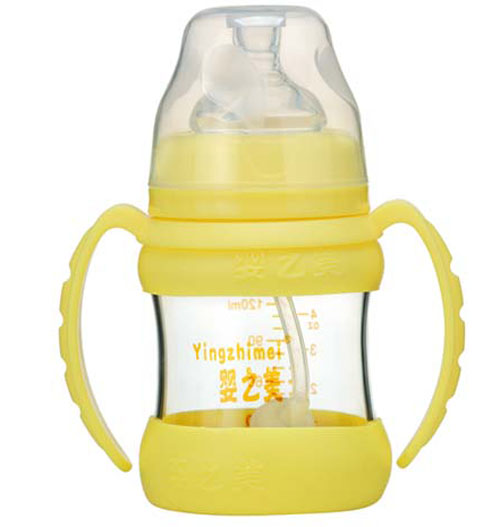 嬰之美寬口雙耳自動(dòng)高硼硅玻璃奶瓶120ML黃色