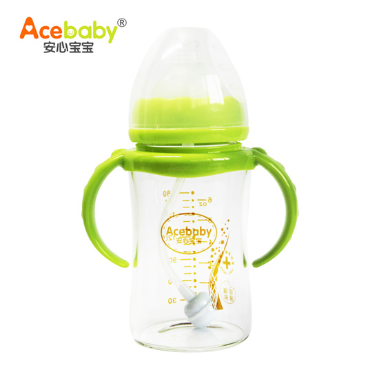 安心寶寶180ml寬口徑雙耳自動(dòng)高硼硅玻璃奶瓶綠色