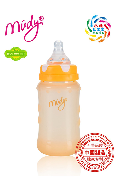 麥地寬口感溫硅膠防爆玻璃奶瓶240ML(桔黃色)