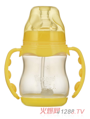 嬰之美寬口雙耳自動圓弧PP奶瓶帶底180ML黃色