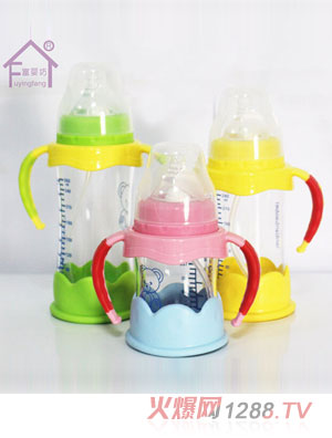 富嬰坊帶手柄寬口高硼硅玻璃奶瓶三色