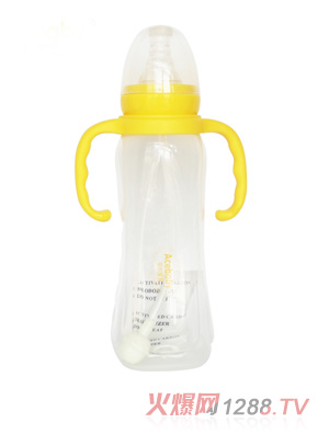 安心寶寶270ml標口方圓適指形雙耳自動PP奶瓶黃色帶蓋