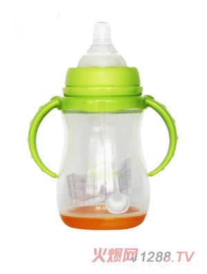 安心寶寶250ml寬口雙耳自動感溫PP奶瓶綠無蓋