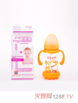 尚yinge寬口抗摔自動(dòng)有柄玻璃奶瓶210ML橙色