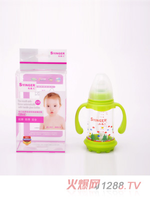 尚yinge標(biāo)口抗摔自動(dòng)有柄玻璃奶瓶120ML綠色