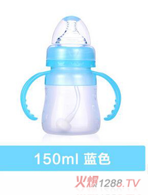 母愛寶寶全硅膠奶瓶yinge寬口徑帶吸管手柄防脹氣新生yinge寶寶藍