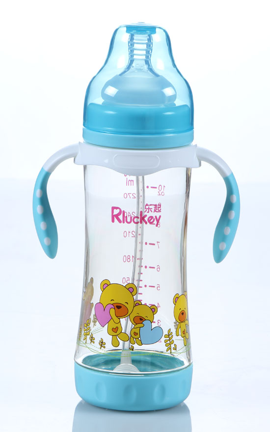 樂起300ML帶柄寬口徑防滑奶瓶藍(lán)色